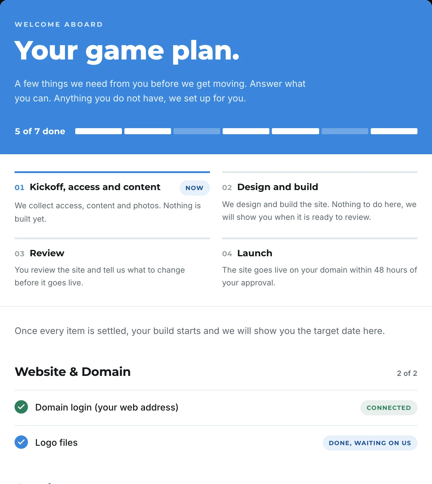 The Niewdel client portal game plan: kickoff, design and build, review, launch, with a checklist of what we need