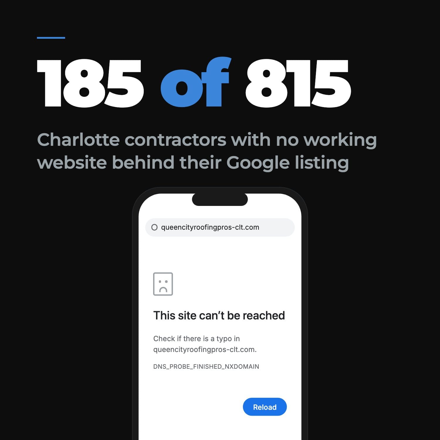 A phone showing a contractor's website that won't load